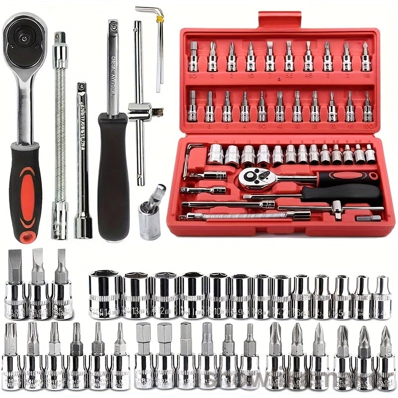 Kit De Ferramentas Completo Com 46 Peças - Jogo De Soquetes + Chave Catraca Reversível + Maleta